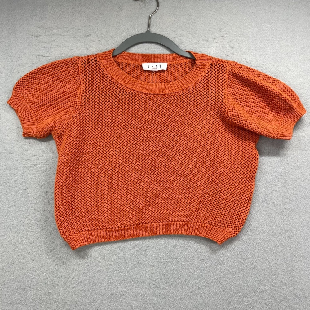 THML Open Knit Sweater Womens XS Orange Crop Short Sleeve‎ Crew Neck Textured